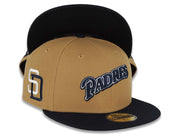 San Diego Padres New Era MLB 59FIFTY 5950 Fitted Cap Hat Wheat Crown Navy Blue Visor Navy Blue/White Logo 40th Anniversary Side Patch Black UV